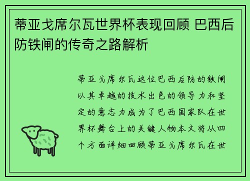 蒂亚戈席尔瓦世界杯表现回顾 巴西后防铁闸的传奇之路解析